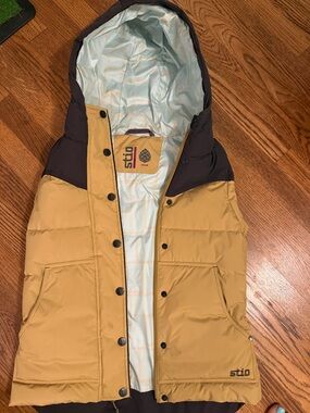 Stio Mustard Yellow and Dark Brown Hooded Puffer Vest